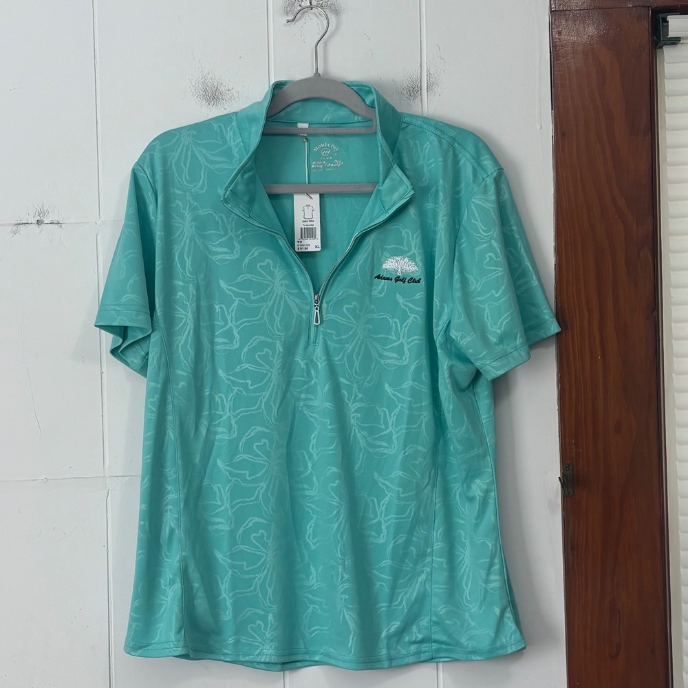 Monterey Club Womens Turquoise Floral Quarter Zip Golf Polo Shirt XL NEW